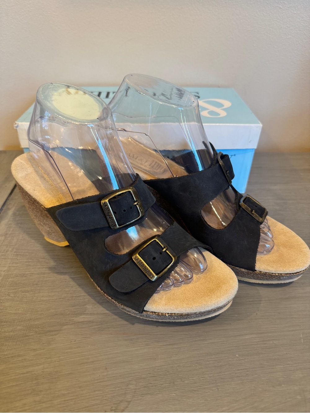 Sam & Libby Wedge Sandal Ankle Strap Size‎ 8 Cork Heel Black Open Toe NIB